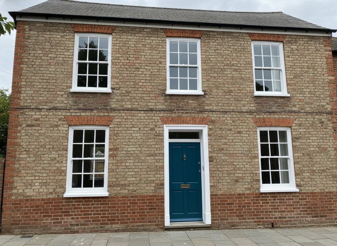 A brick house with white sash windows and a teal front door