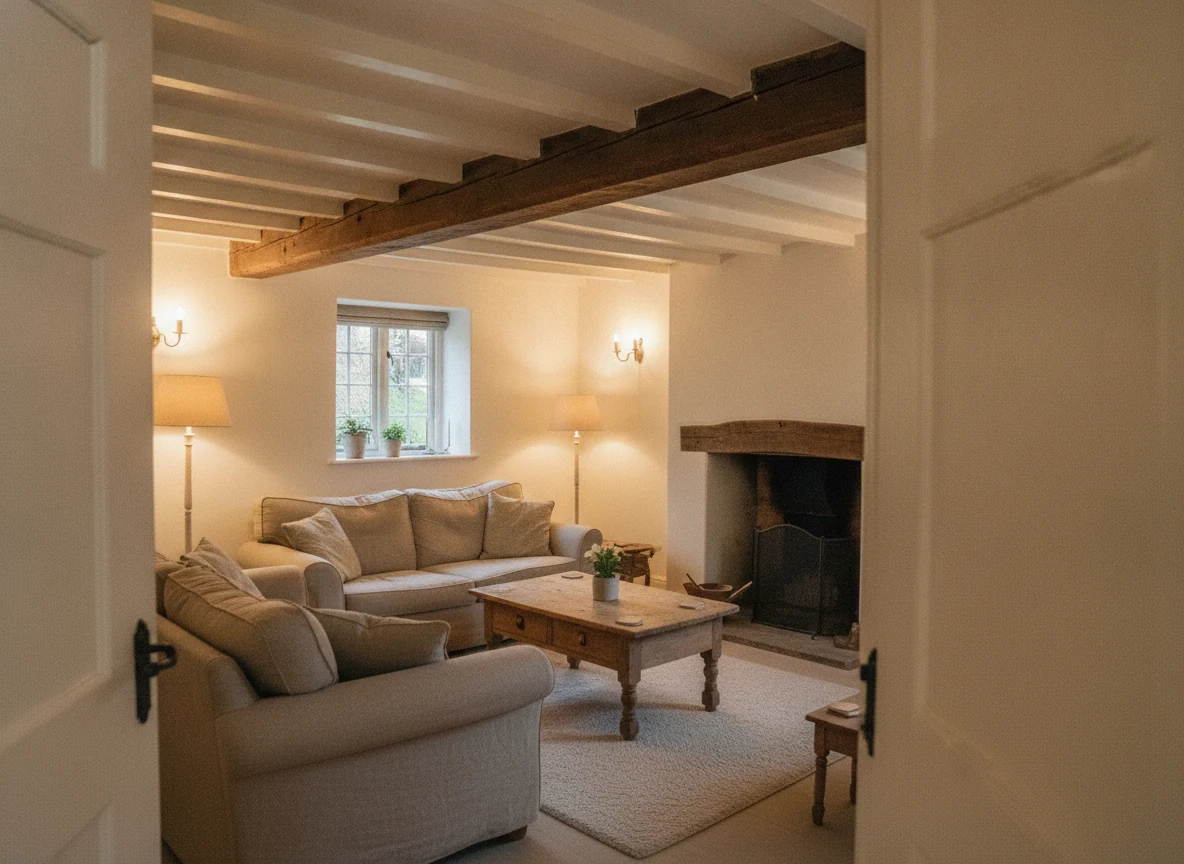 A living room with exposed beams, a fireplace and sofa under warm lighting