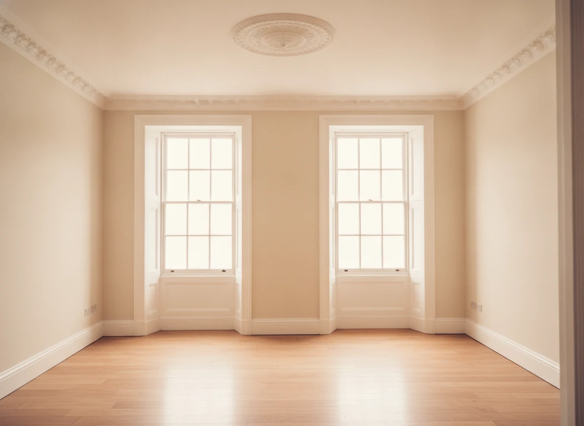 An empty room with two tall sash windows, cream walls and a wooden floor, ready for decorating