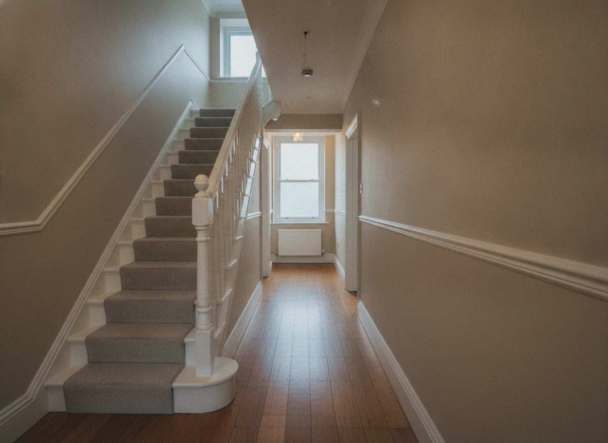 A hallway and staircase with a white handrail leading to a window on the landing